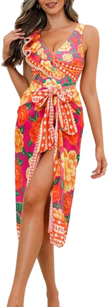 FLAXMAKER Ruffled Contrast Print Bikini Two Piece Swimsuit and Skirt | Amazon (US)