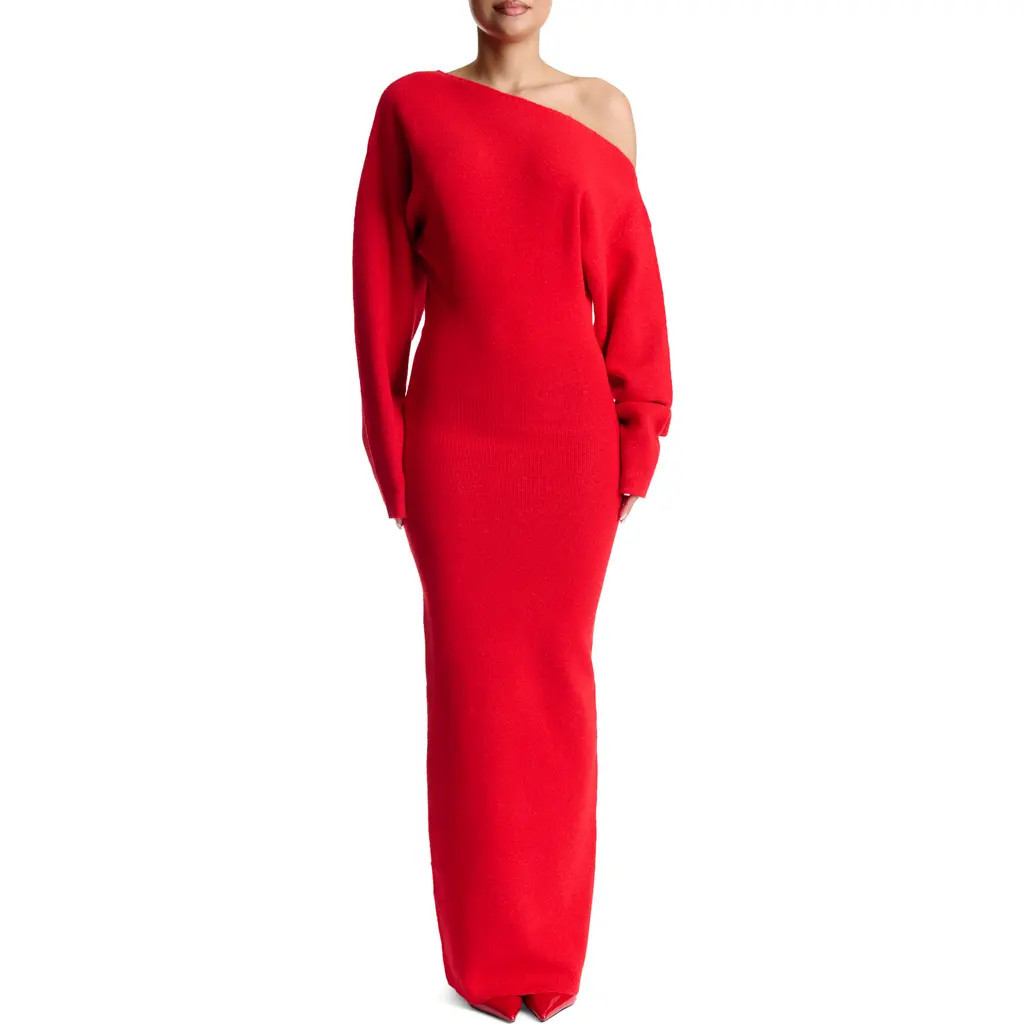 Naked Wardrobe One-Shoulder Long Sleeve Maxi Sweater Dress in Red at Nordstrom, Size Small | Nordstrom