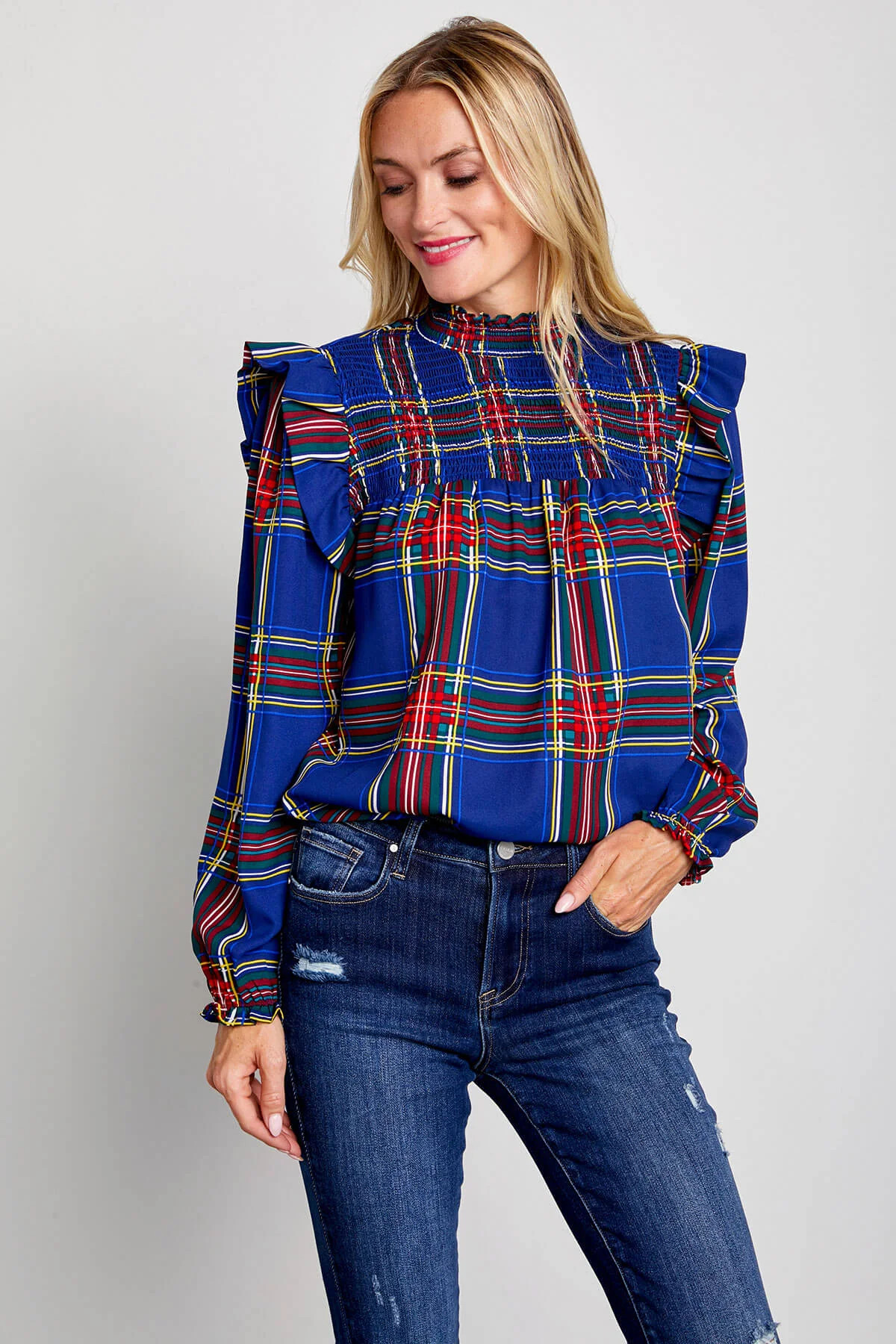Sugarlips Navy Tartan Plaid Top | Social Threads