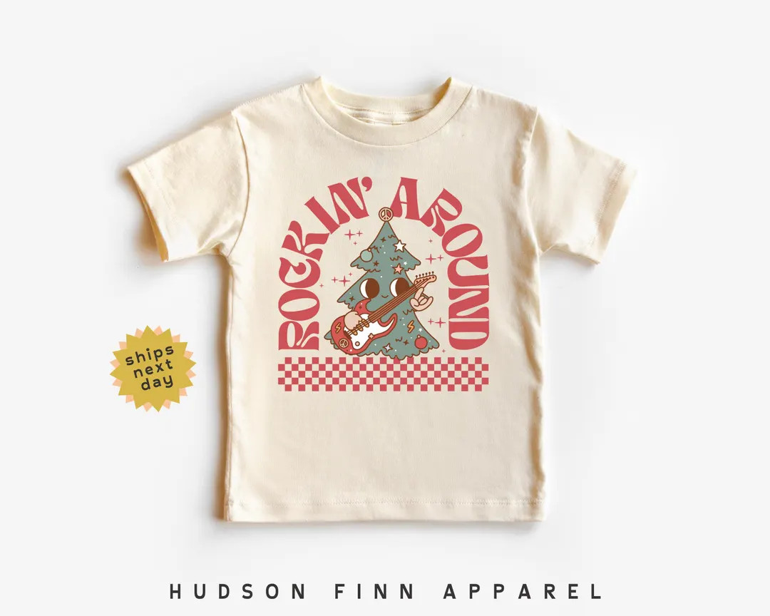 Retro Christmas Kids Shirt, Rockin Around the Christmas Tree Toddler Tee, Natural T-shirt, Cute R... | Etsy (US)