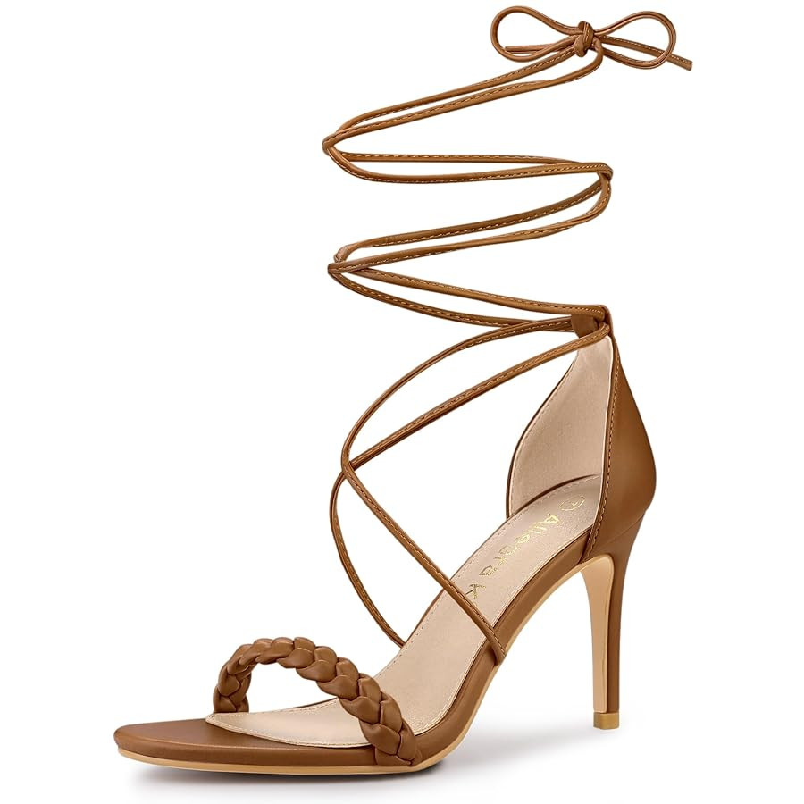 Allegra K Women's Woven Strap Lace Up Strappy Stiletto Heel Sandals | Amazon (US)