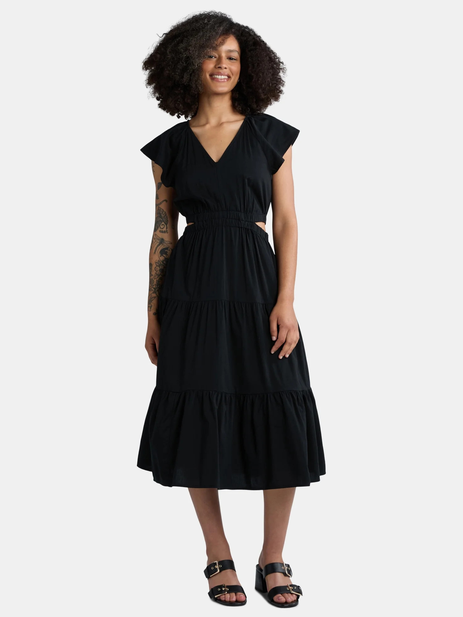 Time and Tru Women's Cut Out Midi Dress with Flutter Sleeves, Sizes XS-XXXL | Walmart (US)