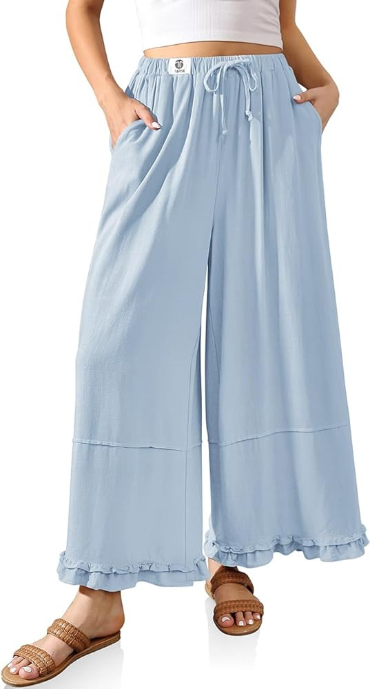TARSE Womens Linen Palazzo Pants Ruffle Wide Leg Cropped Flowy Drawstring Casual Loose Summer Bea... | Amazon (US)