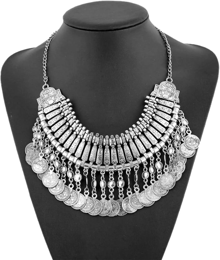 CCBFY Long Tassel Chunky Boho Coin Statement Necklace For Women Silver | Amazon (US)