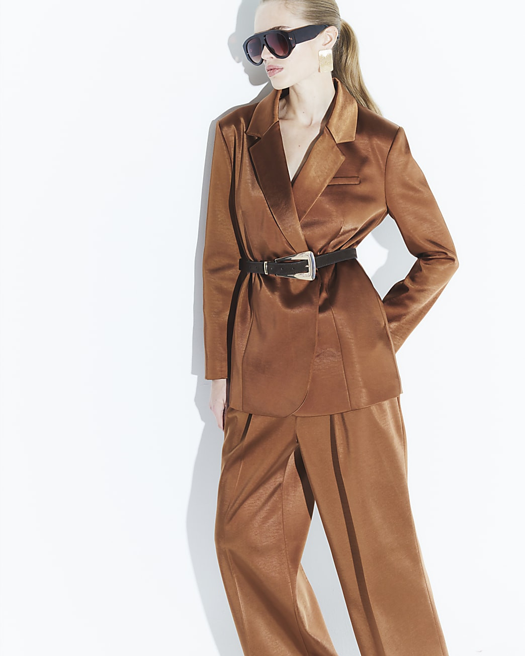 Brown Bonded Satin Wide Leg Trousers | River Island (UK & IE)