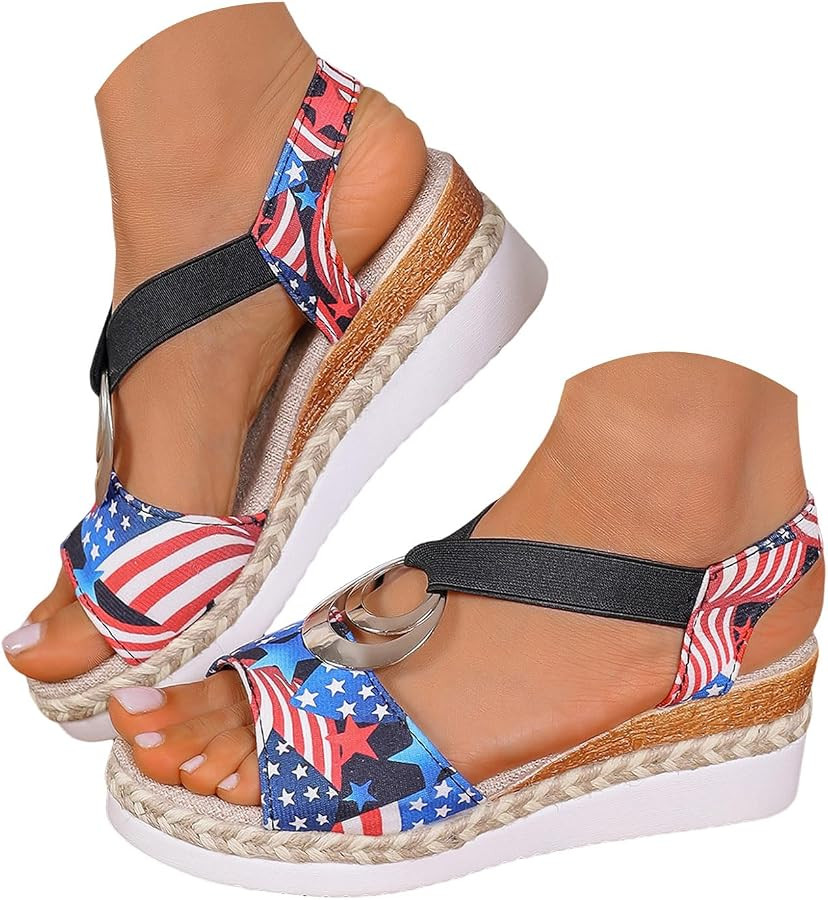 Womens Espadrille Platform Sandals Low Wedge Heel American Flag Patriotic Sandals for Women 2026 ... | Amazon (US)