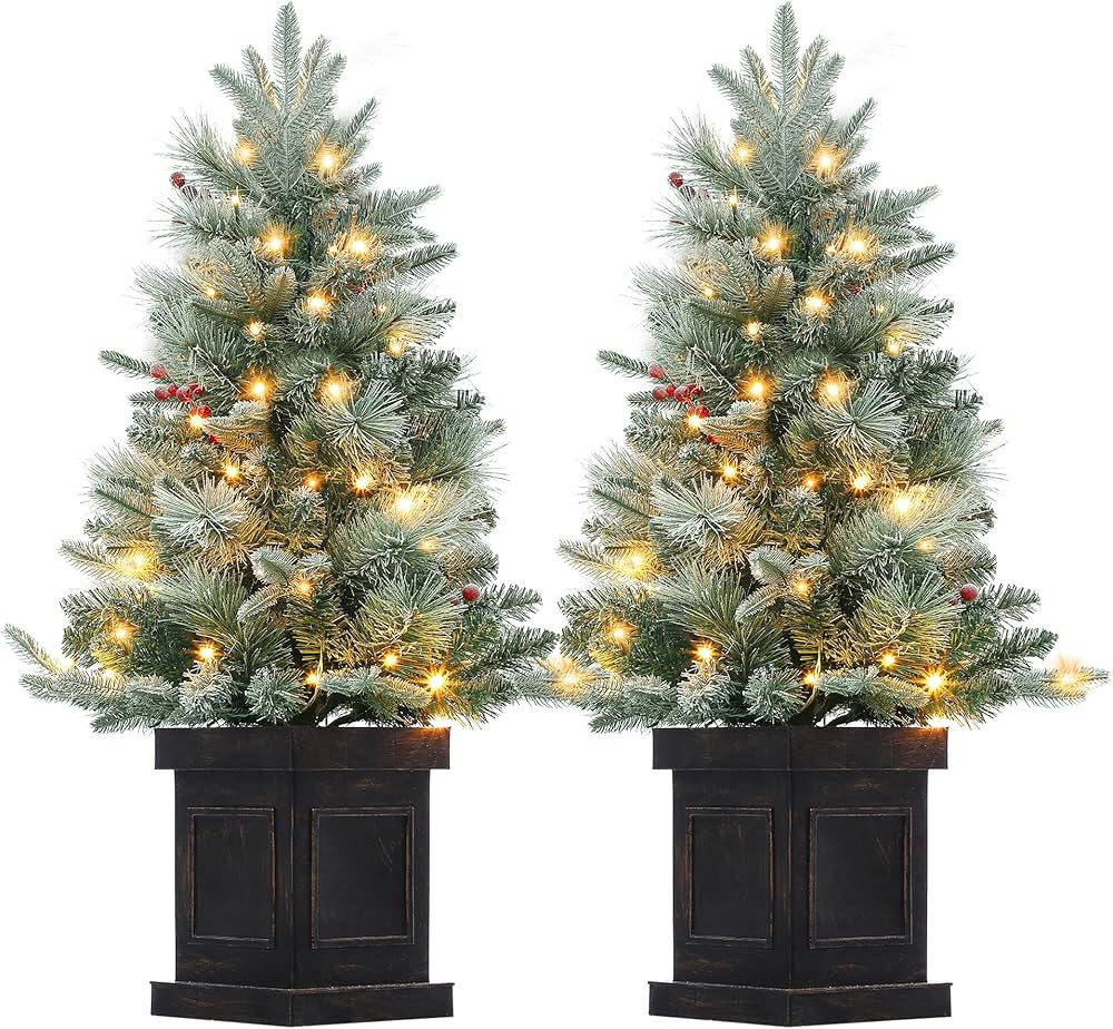 3ft Christmas Tree 2 Set, Pre-Lit Artificial Christmas Tree with Vintage Potted Base, Flocked Sno... | Amazon (US)