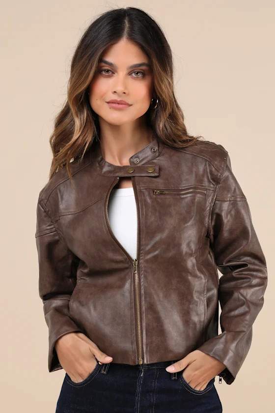 Rebel Brown Vegan Leather Cropped Moto Jacket | Lulus