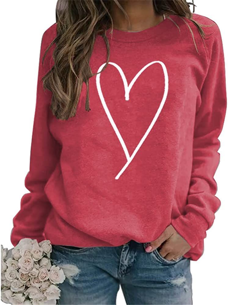 Women Love Heart Sweatshirt Happy Valentine's Day Shirts Graphic Long Sleeve Crewneck Pullover Tops | Amazon (US)