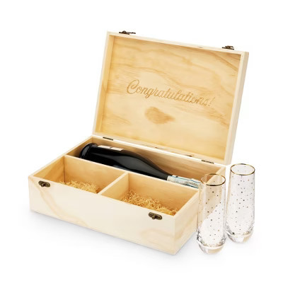 Twine Wooden Champagne Bottle Gift Box and 2 Stemless Gold Rim Champagne Flutes, Sparkling Wine Box with Lid, Packing Straw, Holds 1 Champagne Bottle | Target