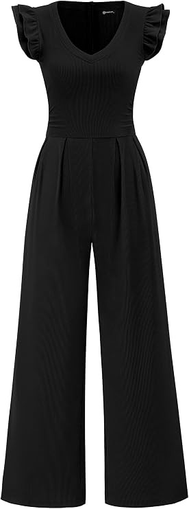 PRETTYGARDEN One Piece Jumpsuits For Women Dressy Ruffle Cap Sleeve V Neck Ribbed Knit Wide Leg R... | Amazon (US)