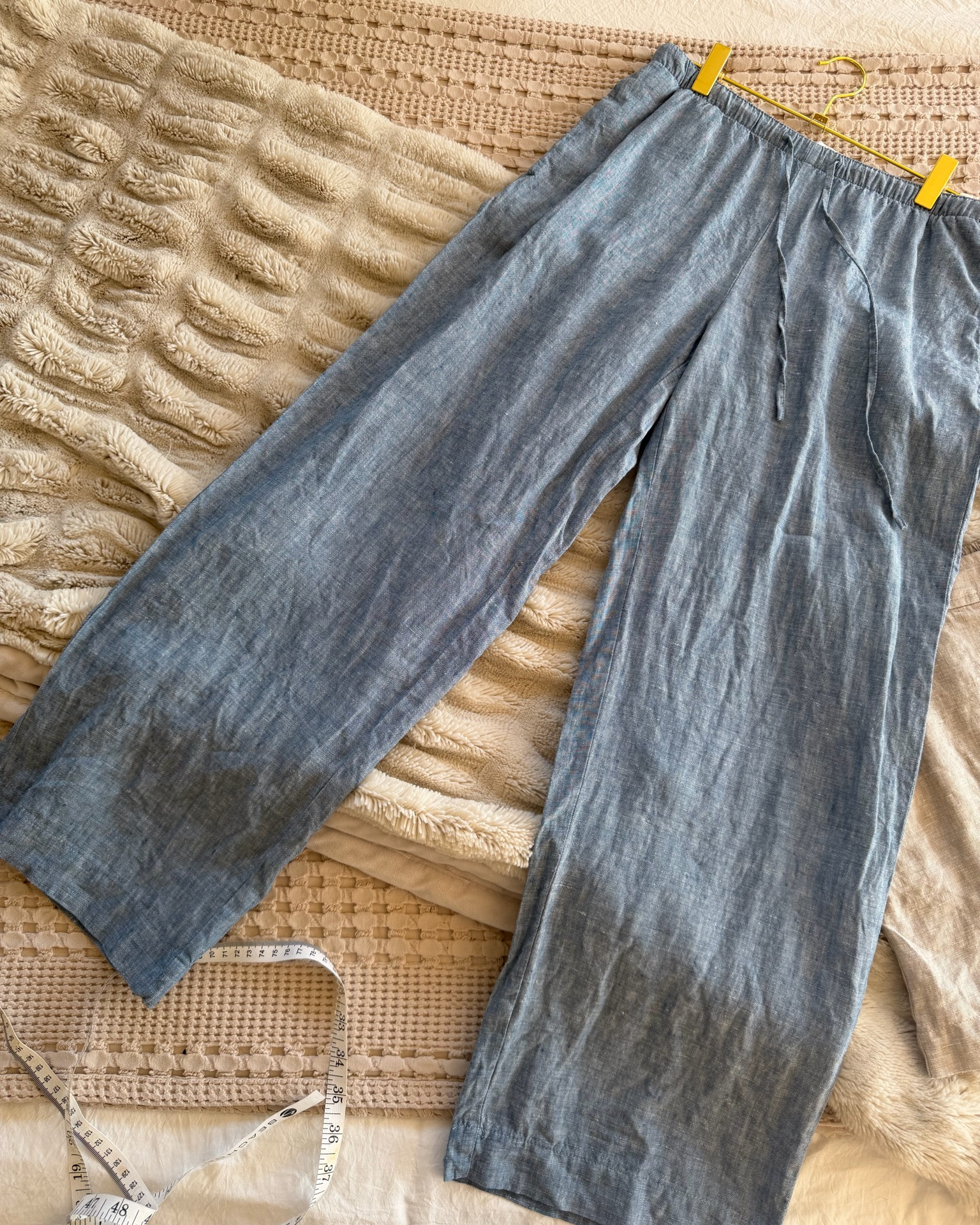 Wash test of the Sawyer linen pants from LOFT. Washed cold, hung to dry. Shown dry but not steamed so you can see how they wrinkle in the wash. 

They shrunk an inch in length (now 26.5”) You can often pull on pieces as you steam them to lengthen them a little bit again, but the shrinkage is often there with 100% linen. As you buy linen pieces keep that in mind that the initial length could shorten over time and the fit may get smaller.