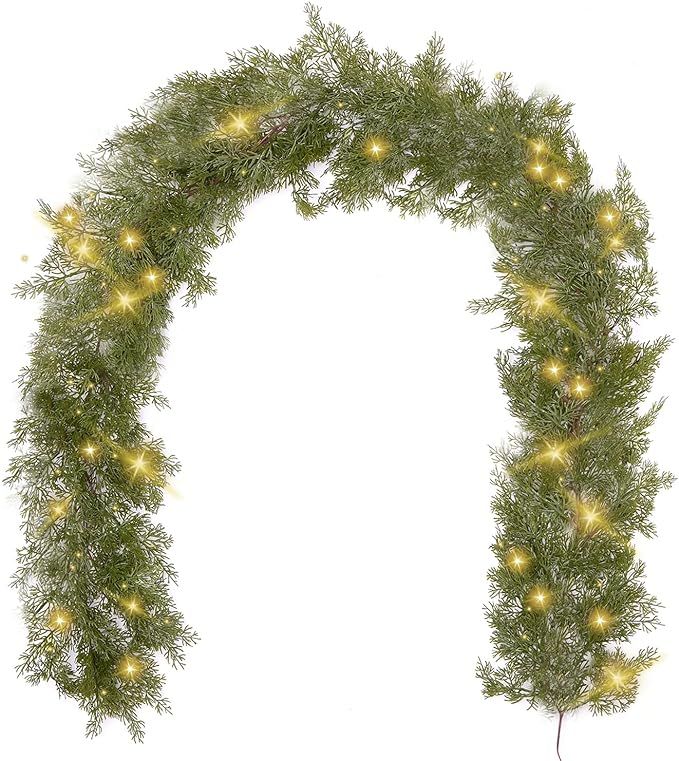 6FT Christmas Garland PARTY JOY Cedar Garland with 16.4FT LED Lights String, Greenery Plant for C... | Amazon (US)