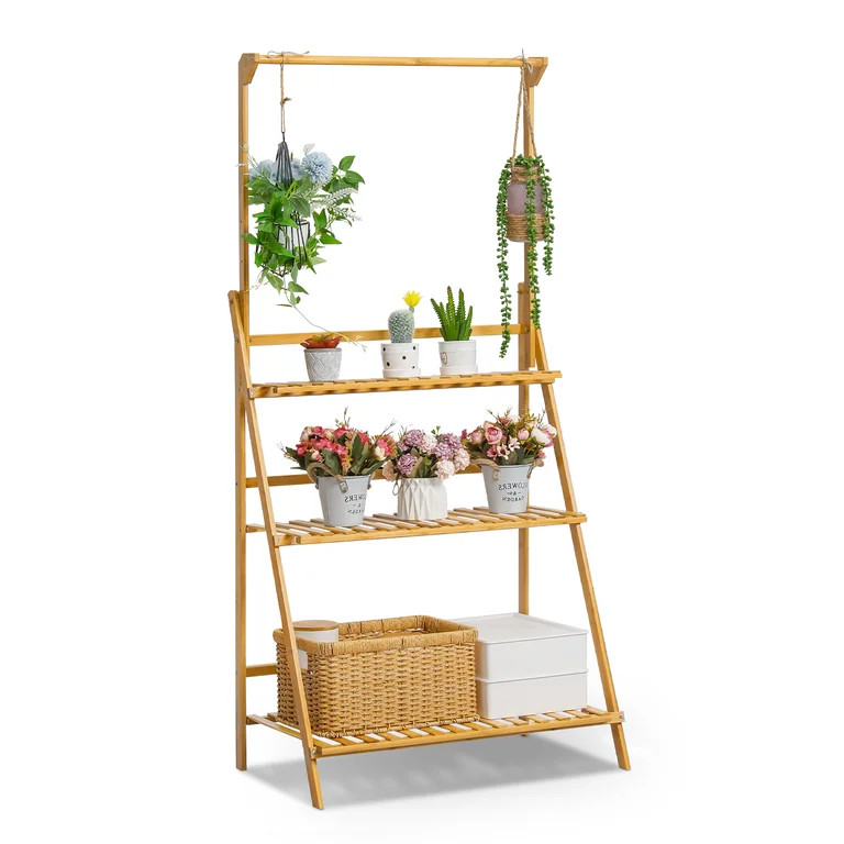 MoNiBloom Bamboo 3 Tiers Stable Plant Stand, Adjustable Hanging Rod Flower Rack, Natural, for Gar... | Walmart (US)