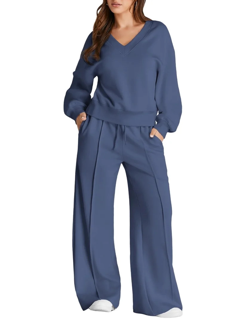 DOKOTOO Sweatsuits for Women 2 Piece Outfits Oversized Casual V Neck Sweatshirt with Wide Leg Swe... | Walmart (US)