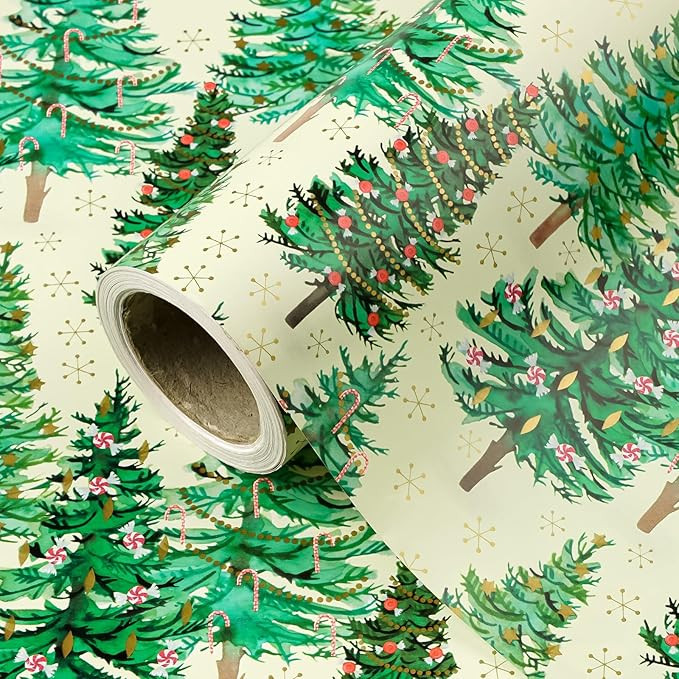 WRAPAHOLIC Christmas Wrapping Paper - Mini Roll - 17 Inch x 33 Feet - Gold Print Christmas Tree W... | Amazon (US)
