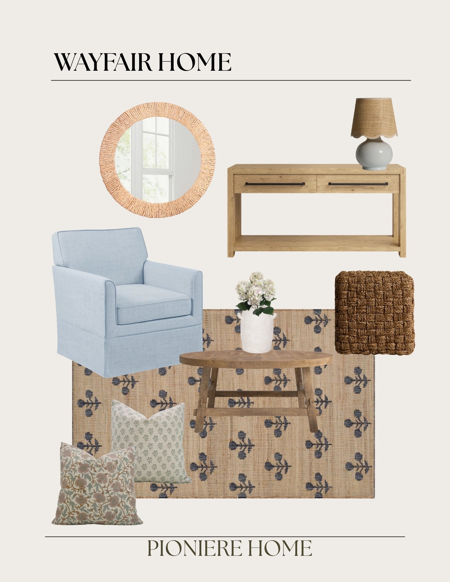 Wayfair home. Coastal home finds, floral area rug, block print pillows, woven ottoman, wood coffee table, neutral home 

#LTKHome #LTKSaleAlert #LTKSeasonal