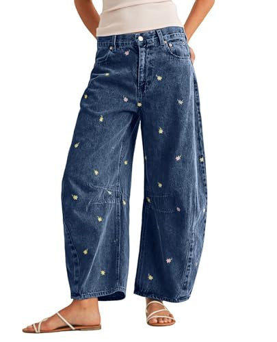 loveimgs Women Boyfriend Baggy Barrel Jeans Mid Rise Wide Leg Jeans Embroidered Denim Ankle Pants Patchwork Sweatpants Y2k (Large,Dark Blue) | Amazon (US)
