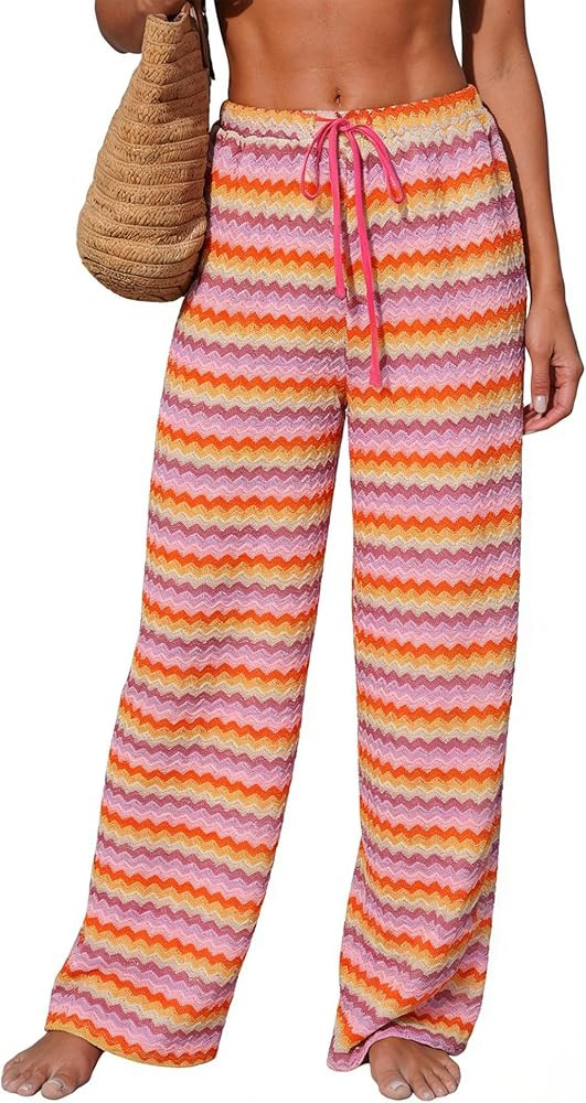 ZAFUL Womens Beach Cover Up Pants Sexy Crochet Drawstring Elastic Boho Swimsuit Cover Up Long Pan... | Amazon (US)