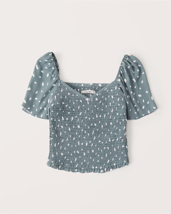 All-Over Smocked Flutter Sleeve Top | Abercrombie & Fitch (US)