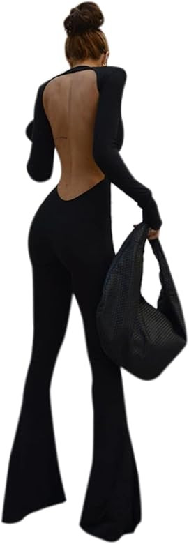 ANKOMINA Women's Backless Long Sleeve Bodycon Jumpsuit Sexy Wide Long Leg Flared Pants Romper Party  | Amazon (US)