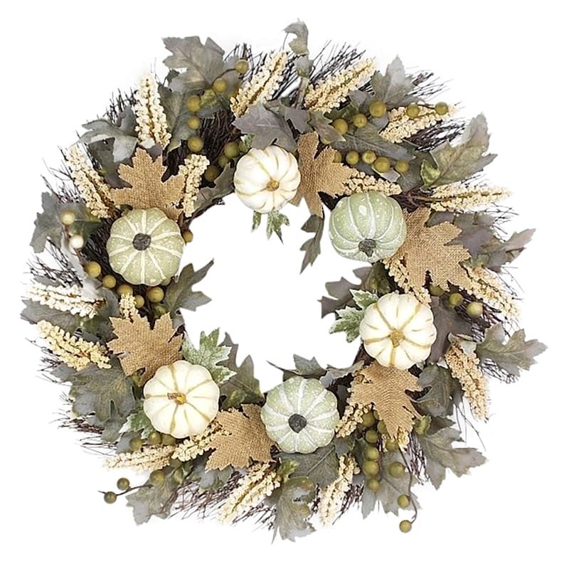 White & Green Pumpkins Burlap Wreath, 22" | At Home