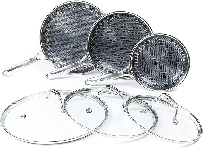 HexClad 6 Piece Hybrid Stainless Steel Cookware Pan Set 8", 10", 12" with Glass Lids, Stay Cool H... | Amazon (US)