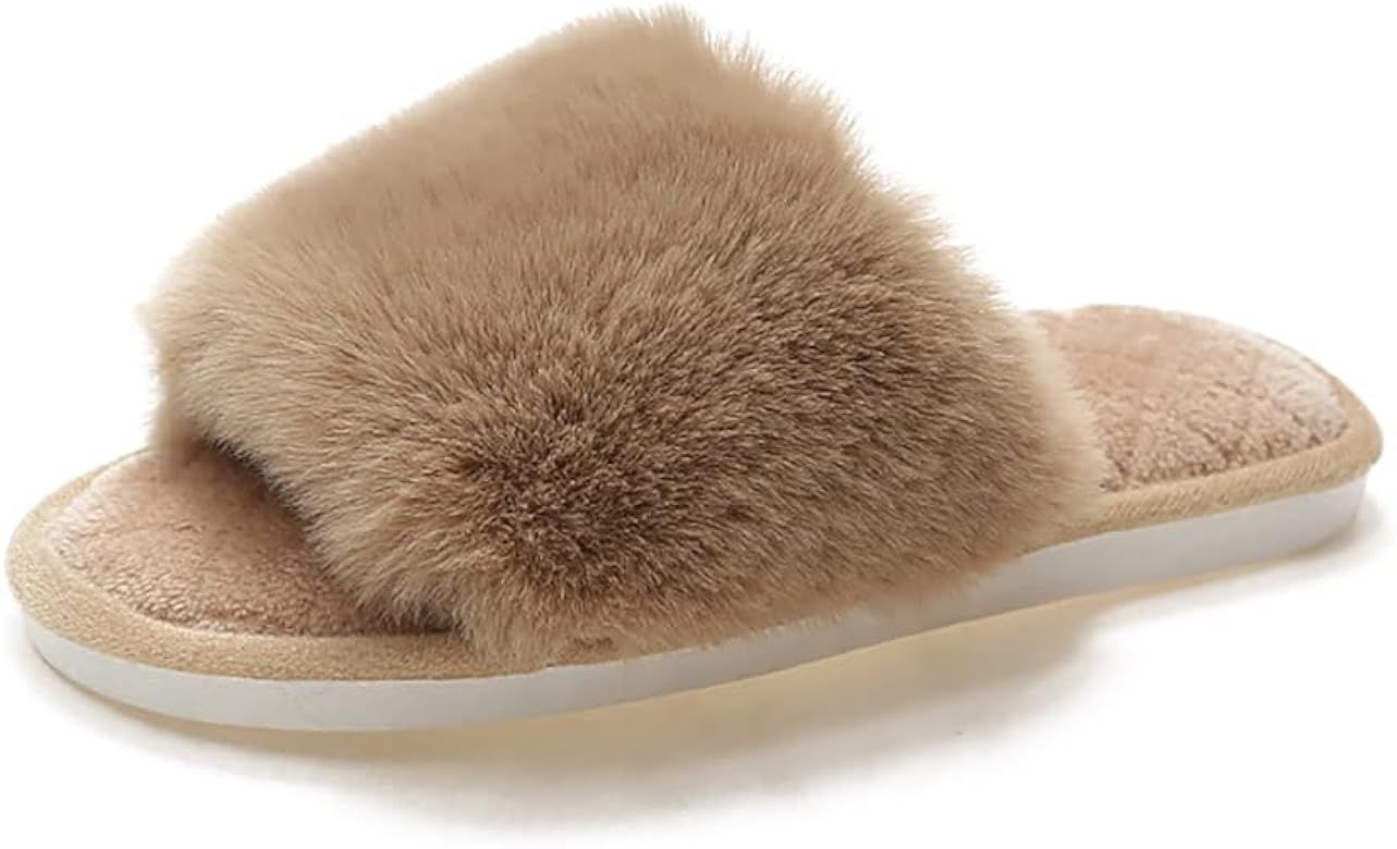 Ladybranch Women's Furry Faux Fur Slippers Memory Cozy Foam House Slippers Soft Flat Slide Sandal... | Amazon (US)