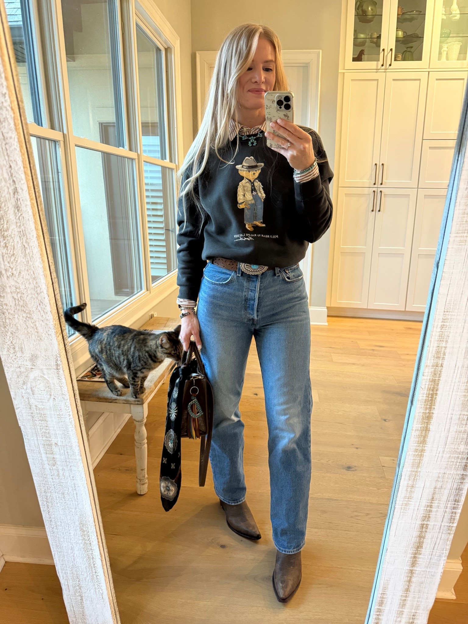 Western jeans outfit 

Size reference 5’ 9” 140 lbs

Polo Bear sweater - medium

Button up - large
(Old Walmart)

Straight leg jeans - 27 x 32

Cowboy boots - sized up 1/2 size


Western chic. Cowboy boots outfits. Casual western outfit. Ribcage jeans. Tecovas. Ralph Lauren style. 

#LTKTall #LTKOver40 #LTKSaleAlert