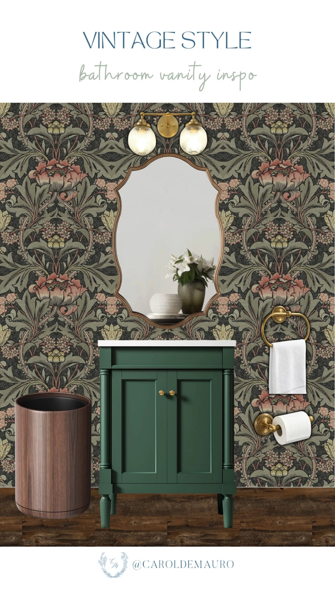 vintage style, bathroom vanity, powder room inspo, green vanity cabinet, wall mirror, vanity lighting, wall sconce, brass bathroom hardware, floral wallpaper, earthy tones, interior design, home styling

#LTKHome