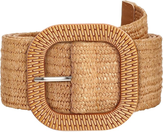 Straw Woven stretchy Waist Belt for Women Dresses,Wide Boho Braided Elastic Belt with Round Buckl... | Amazon (US)