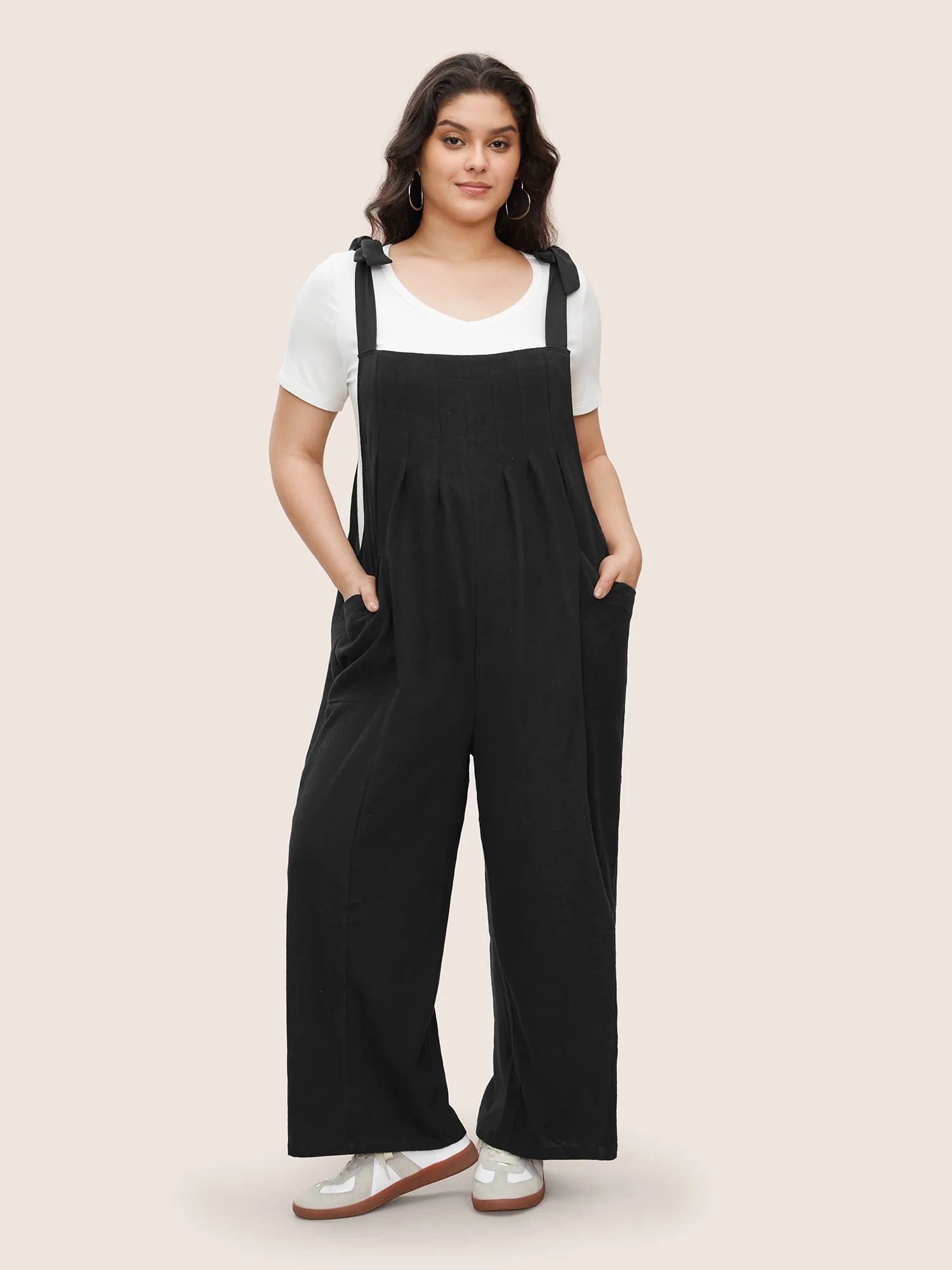 Solid Pleated Detail Pocket Knotted Shoulder Overall Jumpsuit | Bloomchic