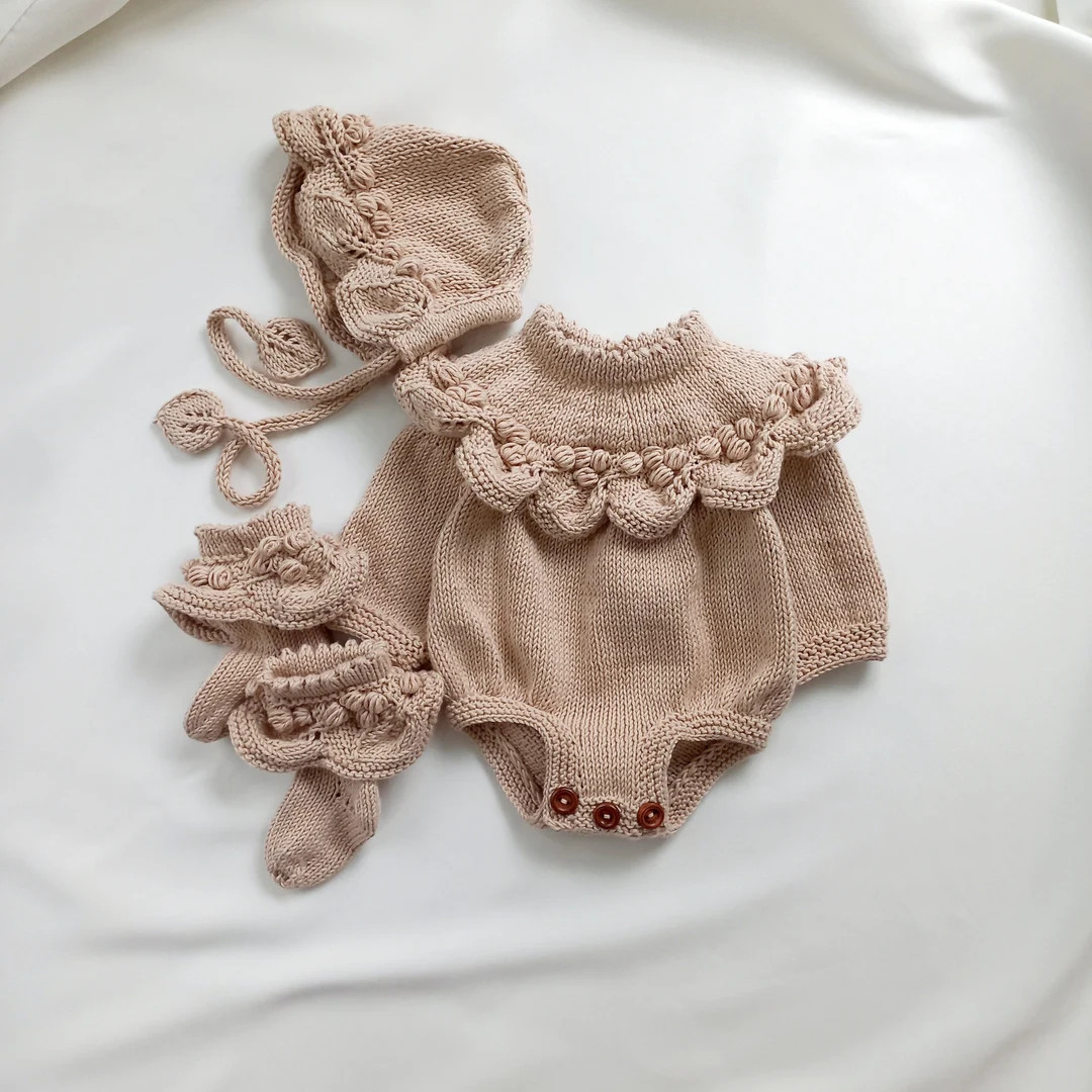 Hand Knitted Cotton Baby Ruffle Romper Set: Romper,  Bonnet & Socks | Etsy (US)