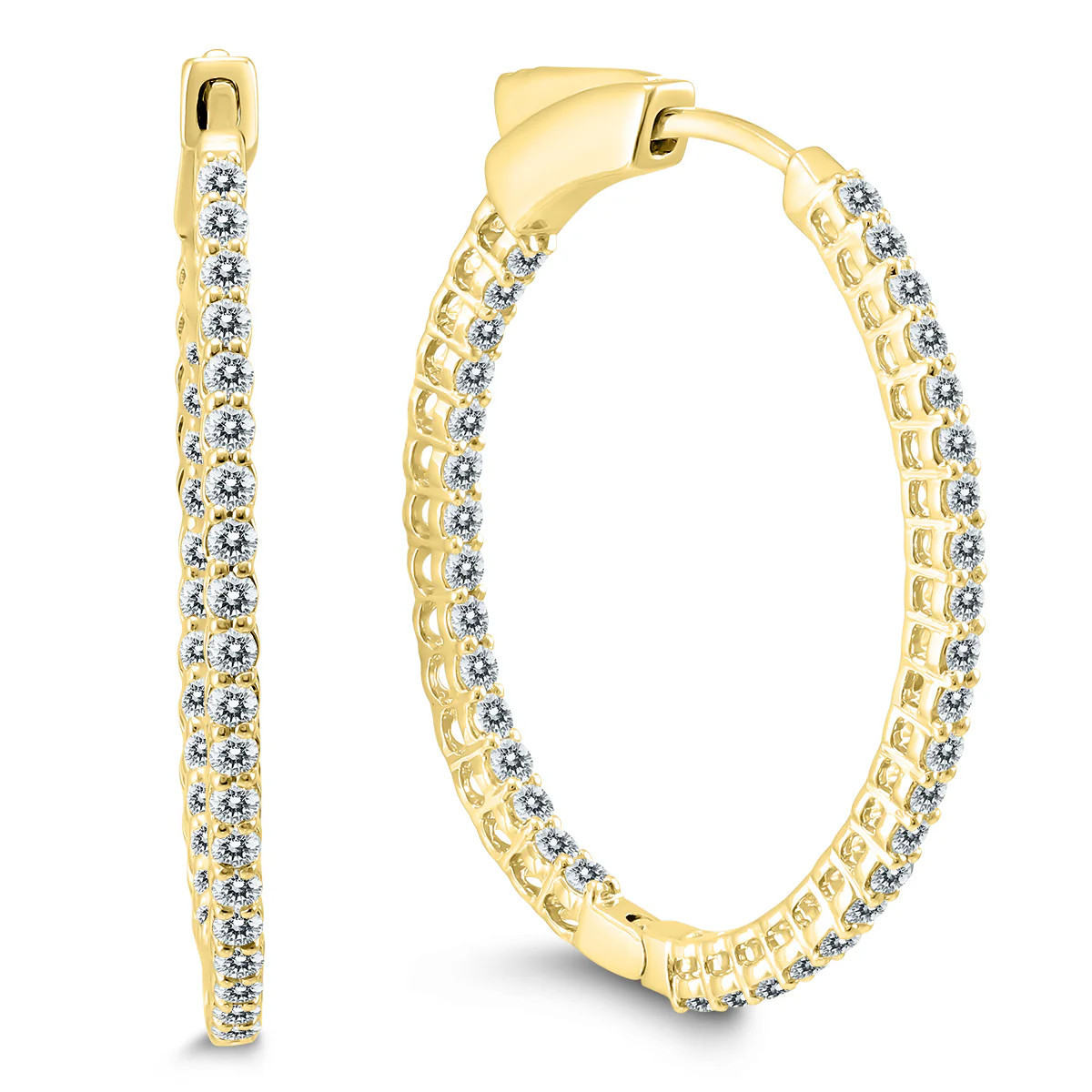 1 Carat Tw Round Diamond Hoop Earrings With Push Down Button Locks In 10K Yellow Gold | Shop Simon
