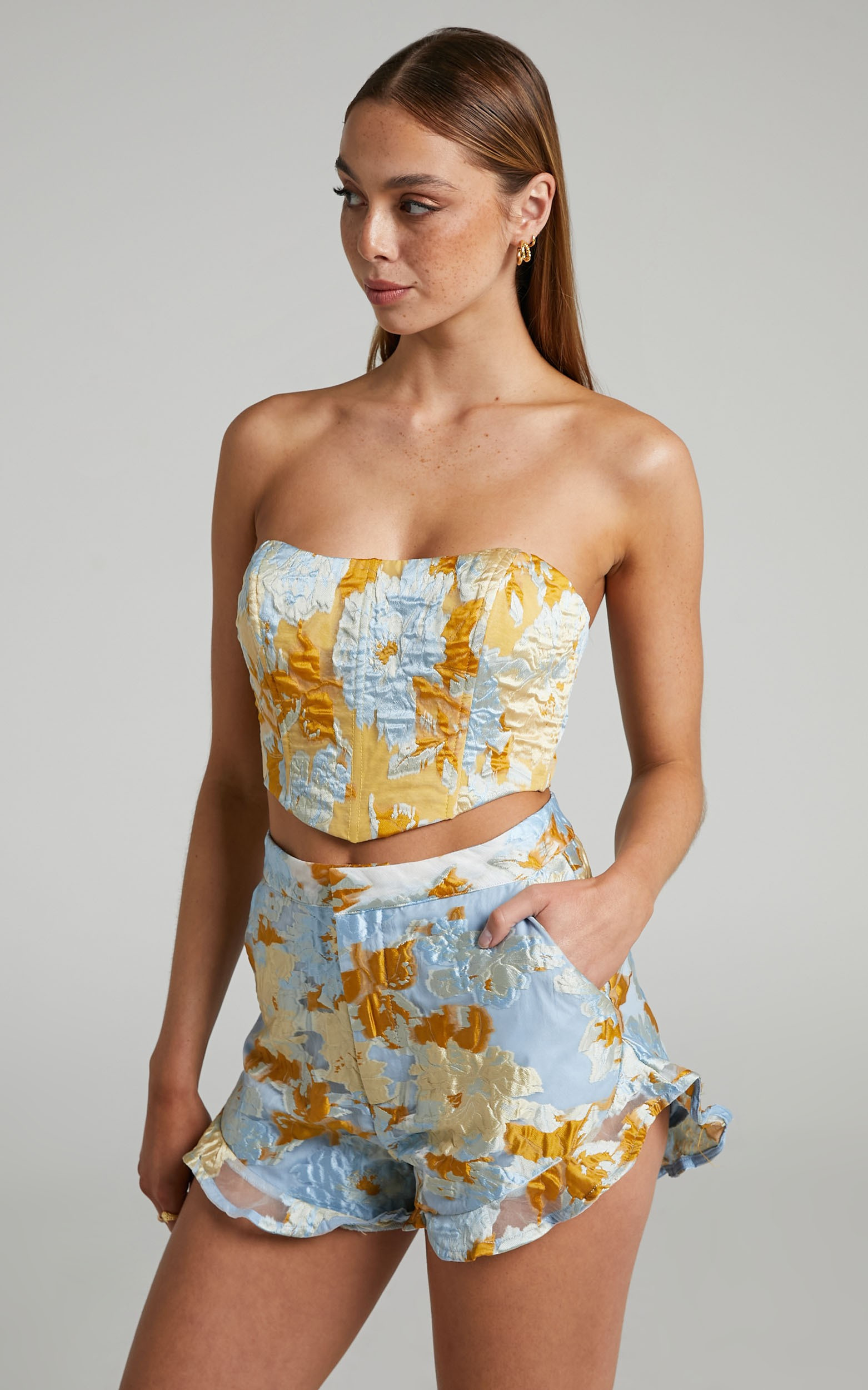 Brailey Frill Hem Shorts in Blue & Yellow Jacquard | Showpo | Showpo - deactived