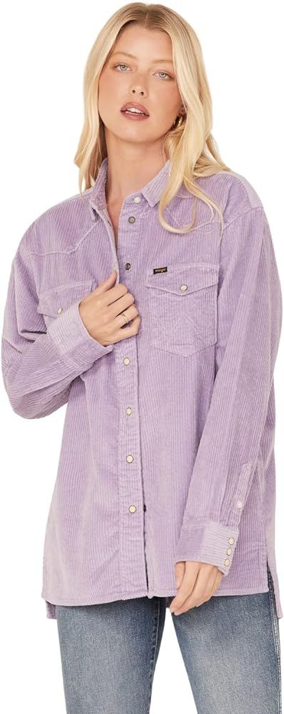Wrangler Women's Corduroy Long Sleeve Snap Western Overshirt Lavender Large | Amazon (US)