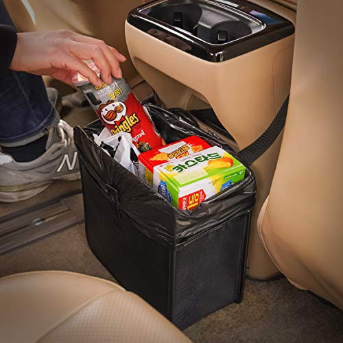 KMMOTORS Foldable Hanging Car Trash Can, Trash Bag, Trash bin, Vegan Leather and Oxford Clothes Car Organizer, Cute car Gadgets (Large, Black) | Amazon (US)