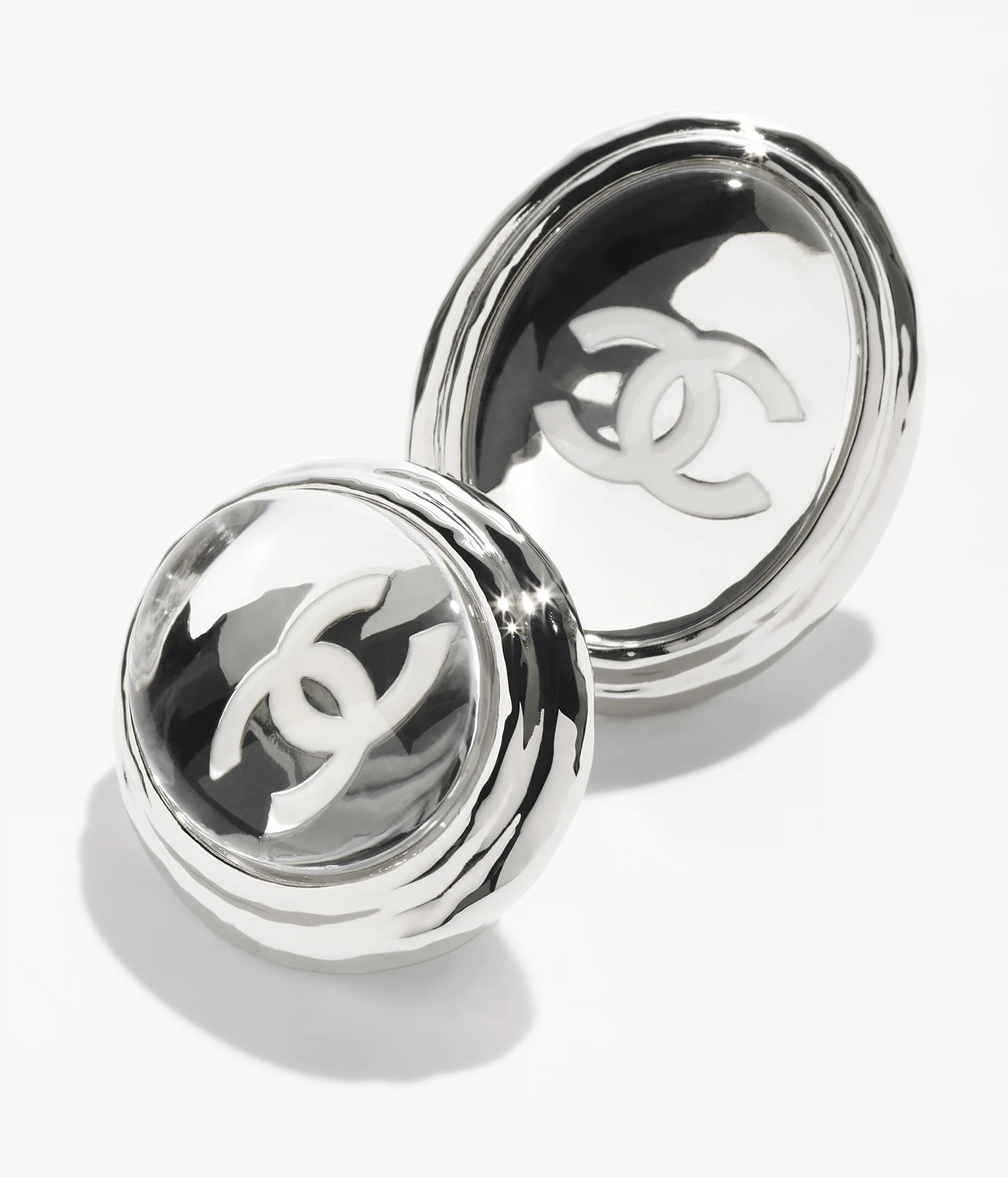 Clip-on stud earrings - Metal & resin, silver, transparent & white — Fashion | CHANEL | Chanel, Inc. (US)