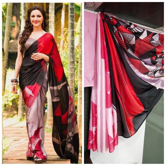 Beautiful and elegant Red black and pink designer digital print saree in Satin| party wear| casua... | Etsy (US)