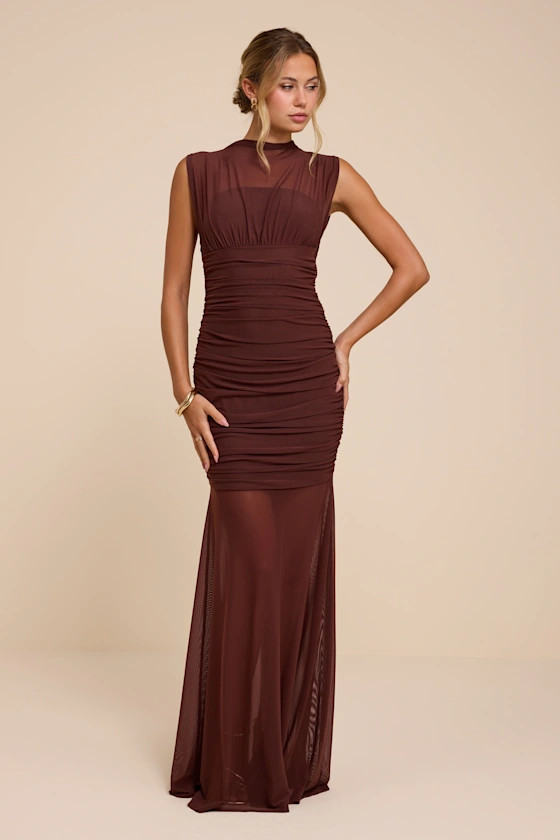 Montecito Brown Mesh Trumpet Maxi Dress | Lulus