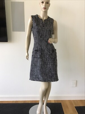 NEW Karl Lagerfeld Black White Silver Metallic A-line Boucle Tweed Work Dress 4 | eBay | eBay US