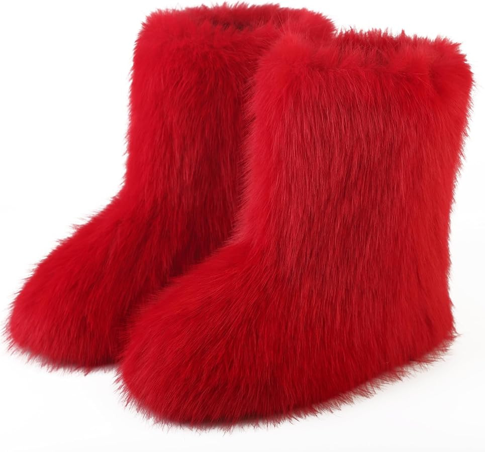 Women's Faux Fur Boot, Round Toe Suede Winter Fuzzy Shoes, Warm Snow Comfy Plush Short Flat Mid-C... | Amazon (US)