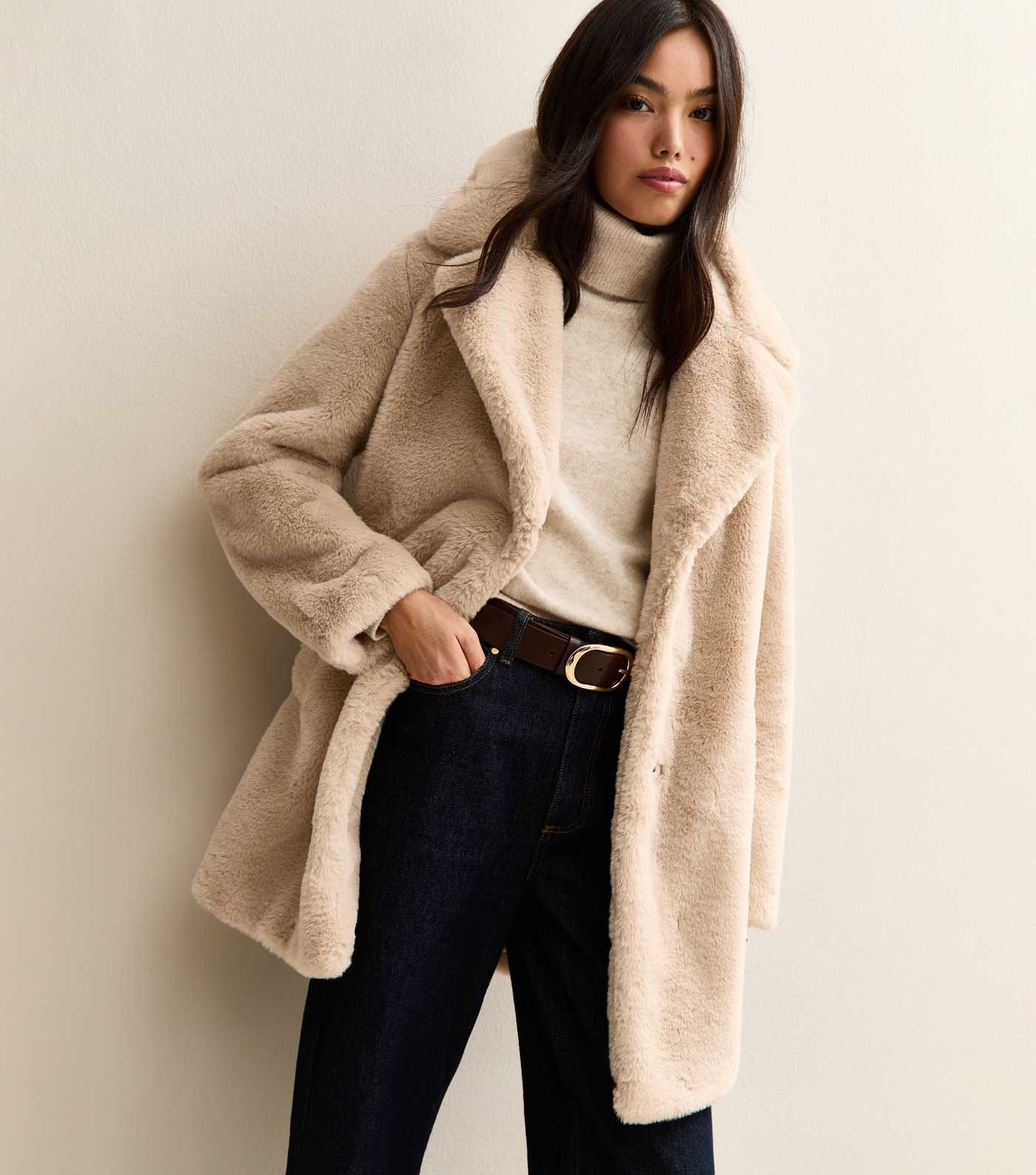 Stone Faux Fur Midi Coat | New Look | New Look (UK)