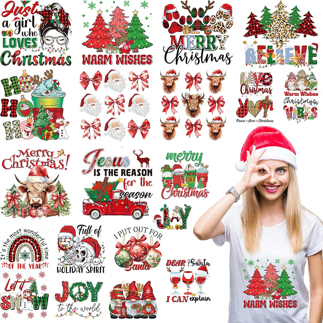 22 Sheets Christmas Iron on Transfers for T-Shirts, DTF Transfers Ready to Press Heat Transfer Vi... | Amazon (US)