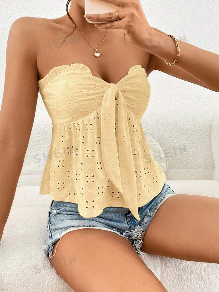 SHEIN Privé Eyelet Embroidery Tie Front Tube Off Shoulder Top4.85(1000+) | SHEIN