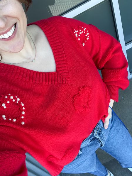 Valentine’s Day, Red Sweater, heart sweater, Valentine’s Sweater, lightweight sweater, affordable sweater 