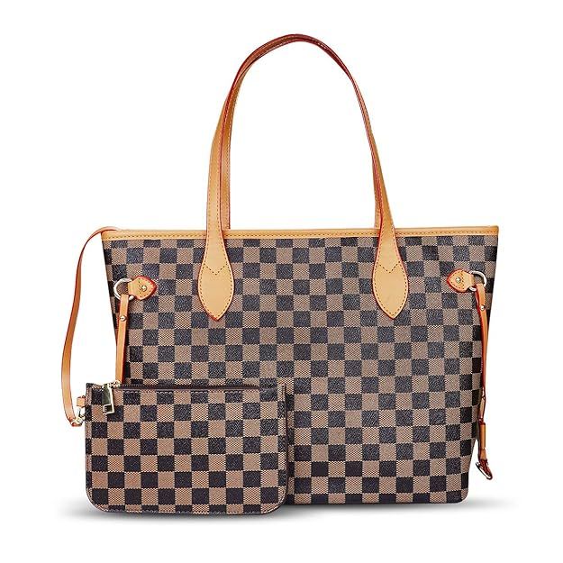 LASPERG Checkered Tote Shoulder Bag with Inner Pouch PU Vegan Leather Top Handle Shoulder Bags | Amazon (US)