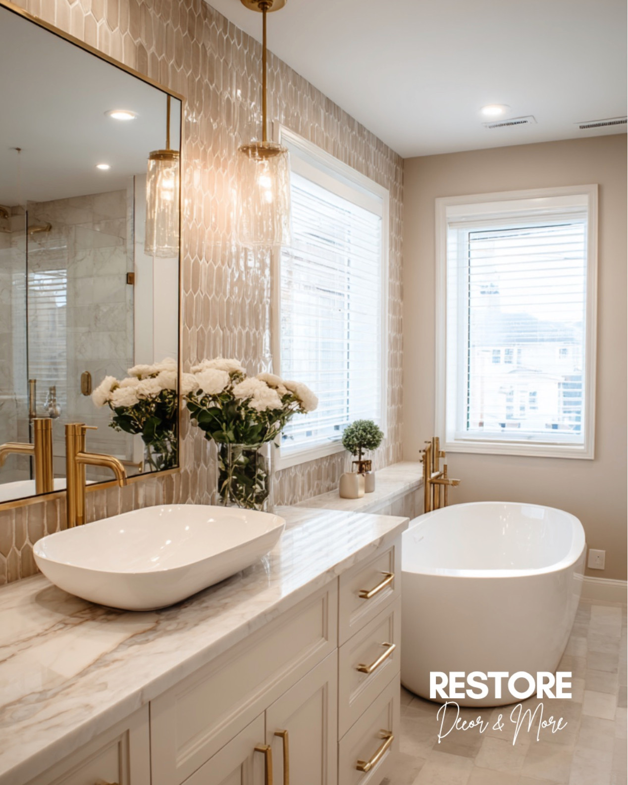 From the freestanding soaking tub to the vessel sink and brass fixtures, every detail feels elevated and spa-worthy. The statement tile backsplash adds subtle texture, while the gold-framed mirror and pendant lights bring just the right amount of glam.

#bathroomdesign #freestandingtub #vesselsink #brassfixtures #bathroomlighting #walltile #bathroommirror #modernbathroom #spainspired #ltkhome #ltkinterior #bathroomgoals #restyleyourhome 

 #LTKHome