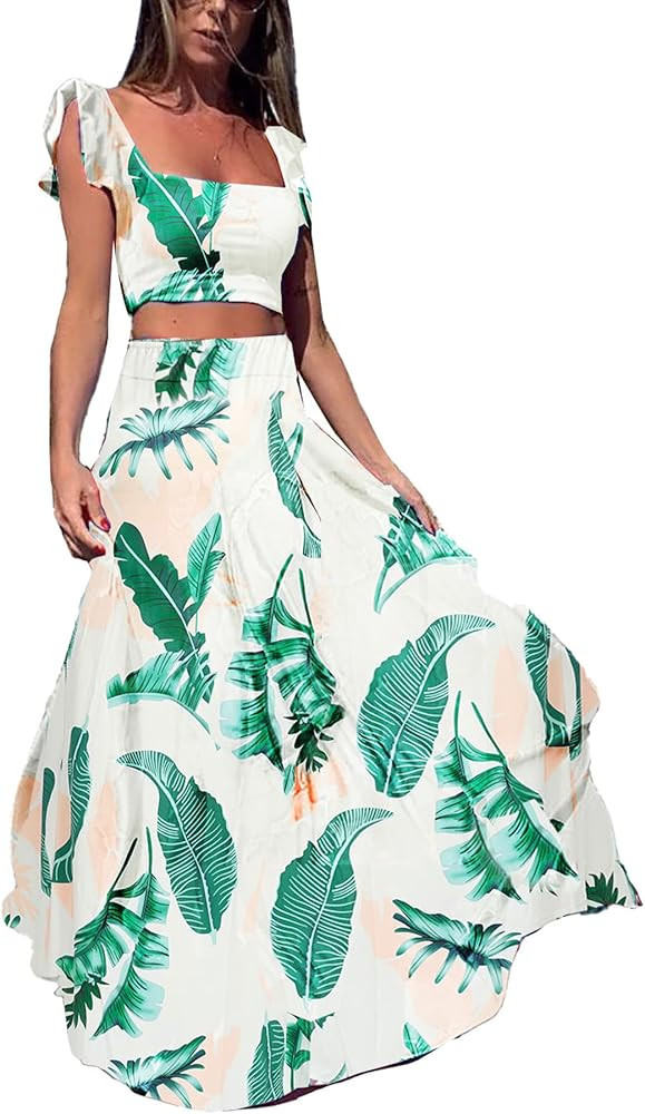 Vakkest Womens Summer Sexy 2 Pieces Outfits Ruffle Floral Tank Top Wrap Boho Tropical Long Skirt ... | Amazon (US)