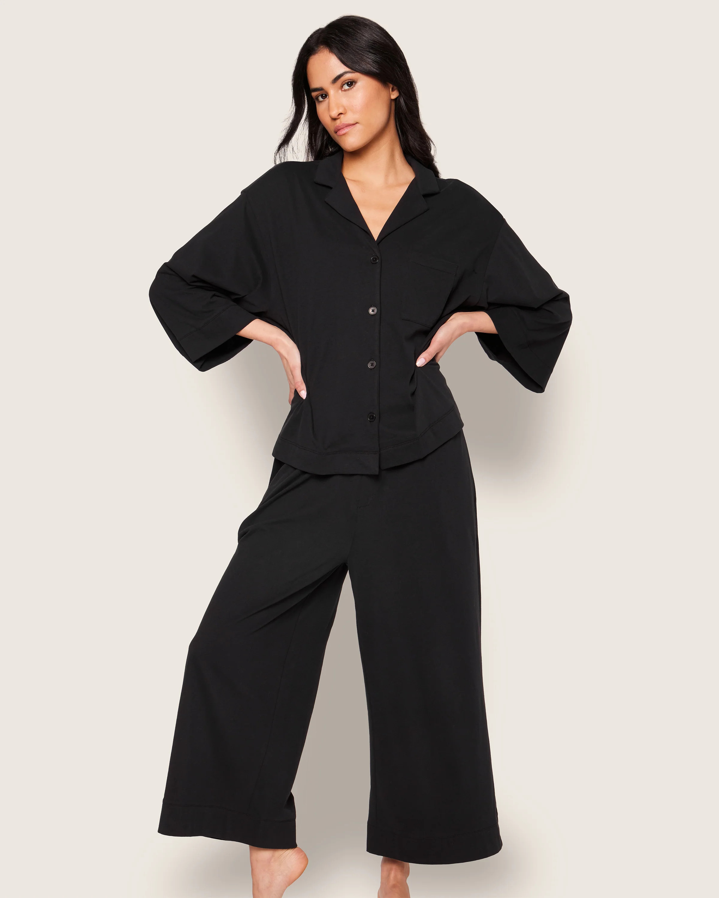 The Olivia Wide Leg Pima Pajama Set in Black | Petite Plume